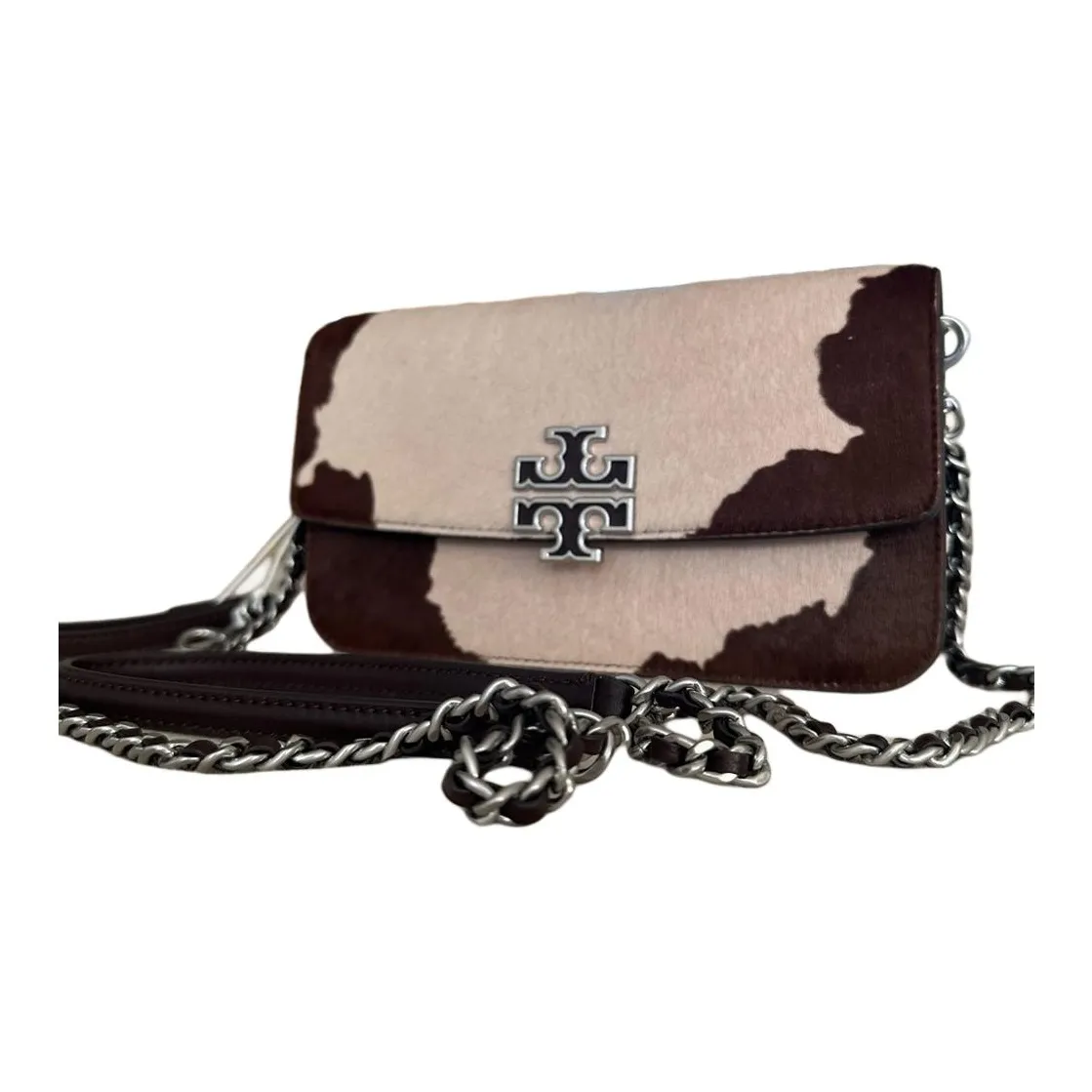 TORY BURCH Britten Cow Leather Portable Crossbody Bag, Shoulder Bag Small Size Women's Brown & Ecru