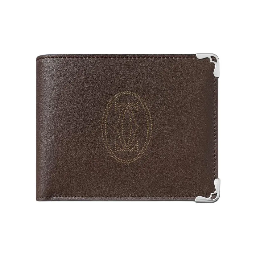 Cartier Кожаные Аксессуары Must De Cartier, Компактный Бумажник Телячья Кожа Шоколадного Цвета С Мотивом В Виде Вкраплений, Палладиевая Отделка