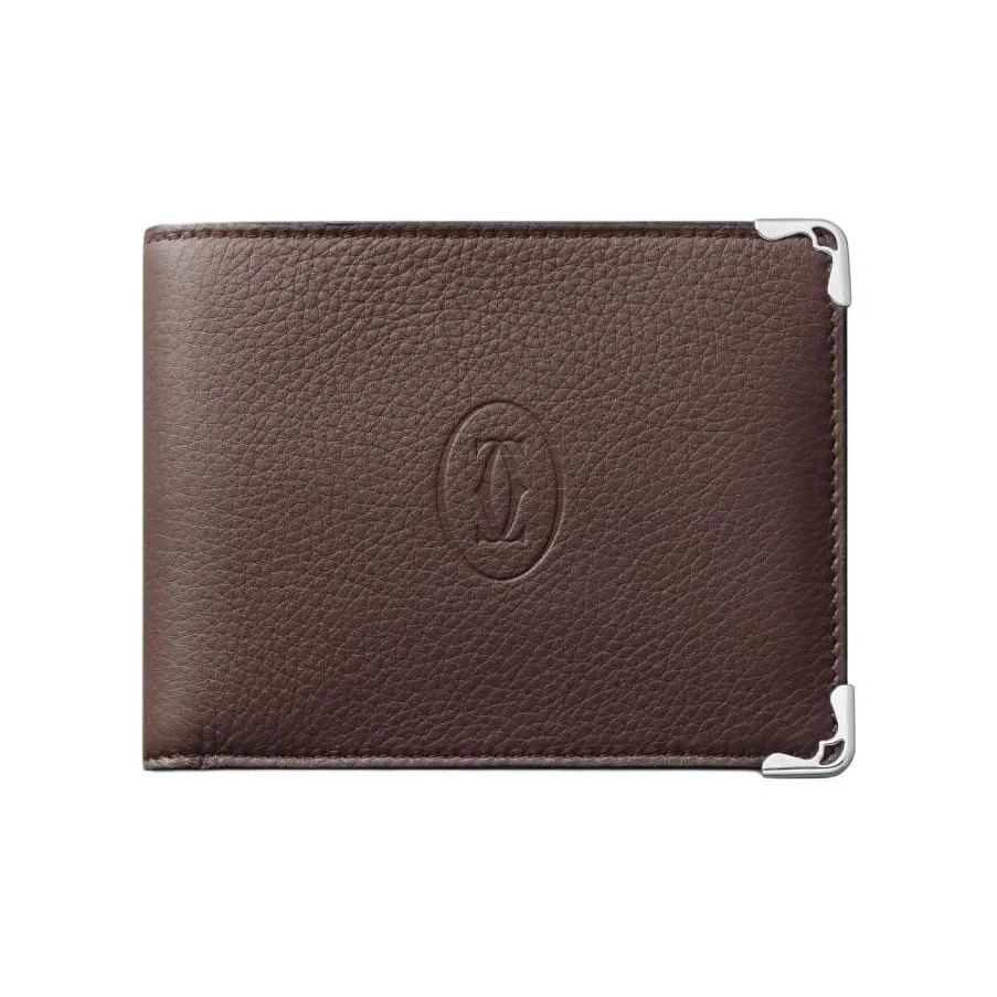 Cartier Кожаные Аксессуары Must De Cartier, Компактный Бумажник Телячья Кожа Шоколадного Цвета, Палладиевая Отделка