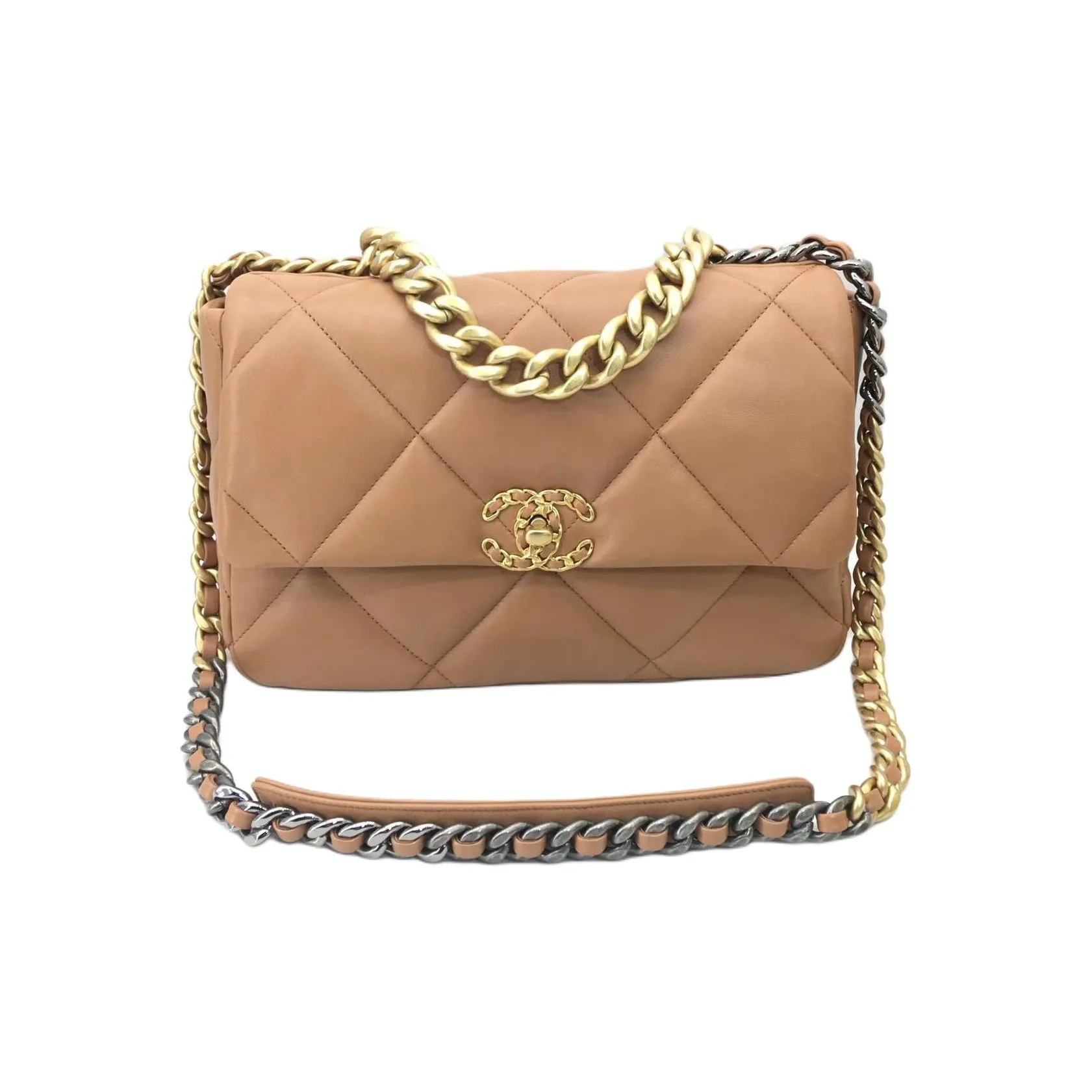 CHANEL 19Bag Lambskin Flap Bag, Shoulder Bag, Crossbody Bag Medium Size Women's Caramel Brown