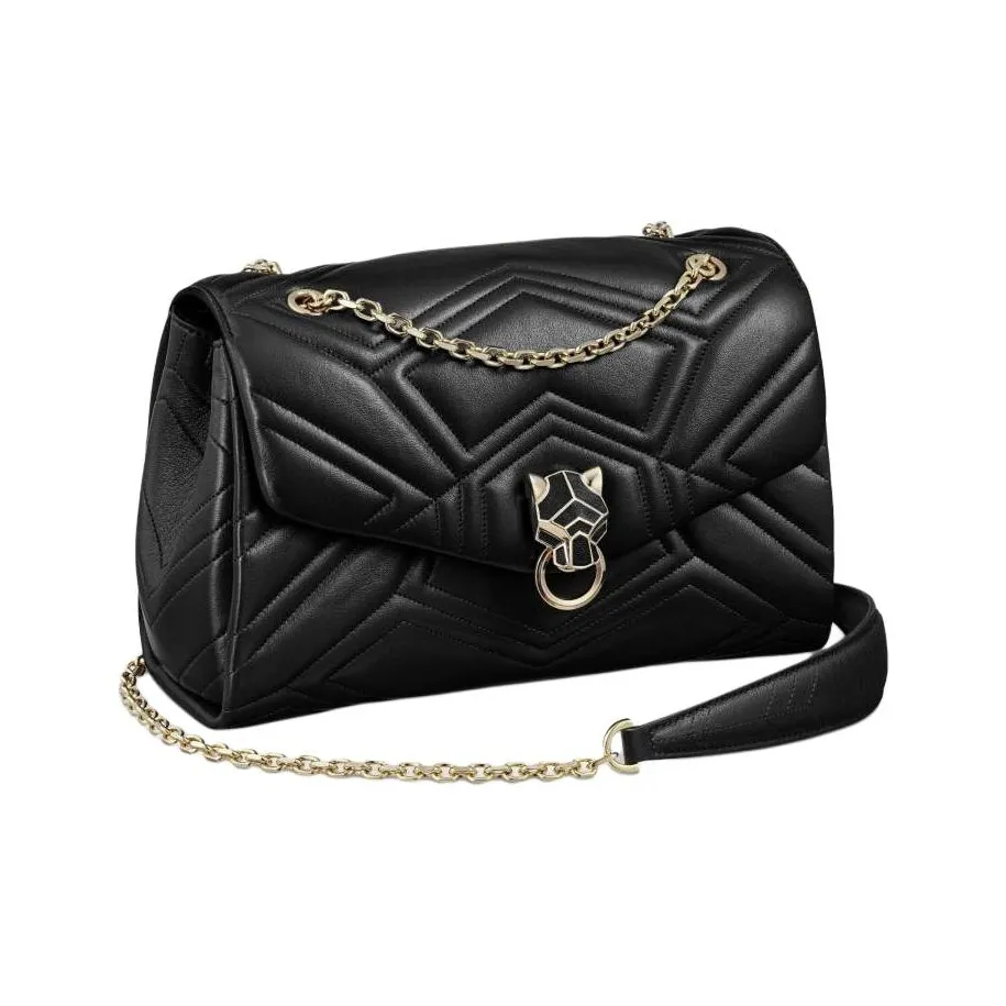CARTIER Panthère De Cartier Calfskin Shoulder Bag, Crossbody Bag Trumpets Women's Black