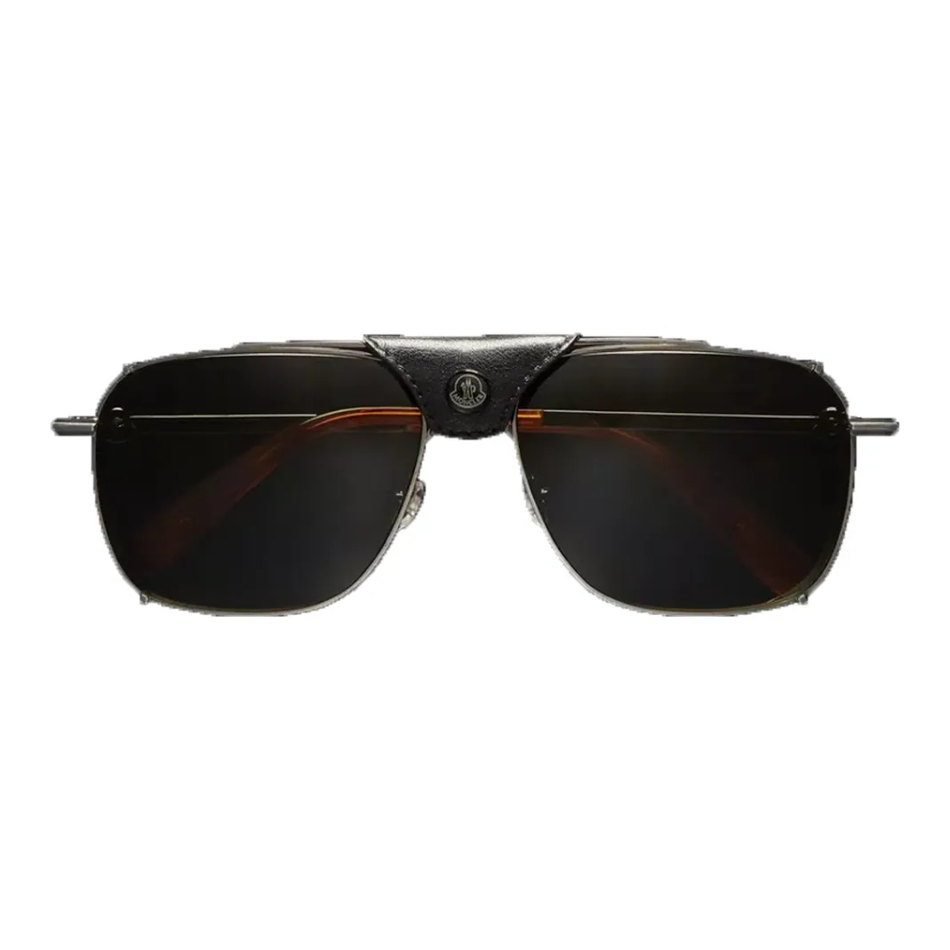 Moncler Leather Zinc-Plated Metal Irregular Shape Sunglasses Men's Black