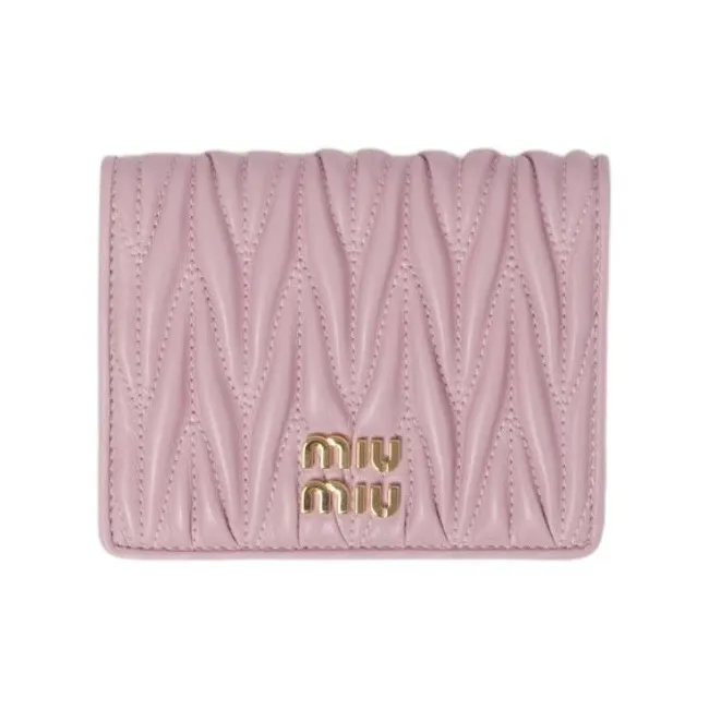 MIU MIU Matelassé Sheepskin Leather Wallet Trumpets Women's Snow Pink