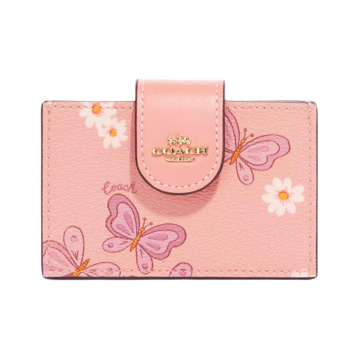 COACH Accordion Card Case Холст с кожей Держатель для карт кошелек Женские Вишневый цветок Розовый