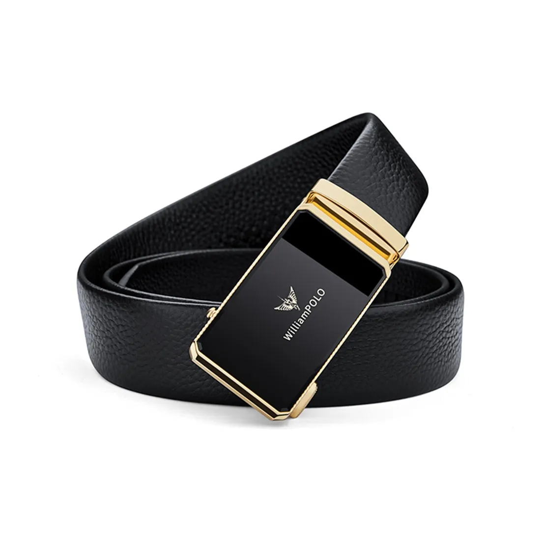 WilliamPOLO Top Grain Cow Leather Belt Men's Gold Buckle Gold Logo Width: 3.5cm