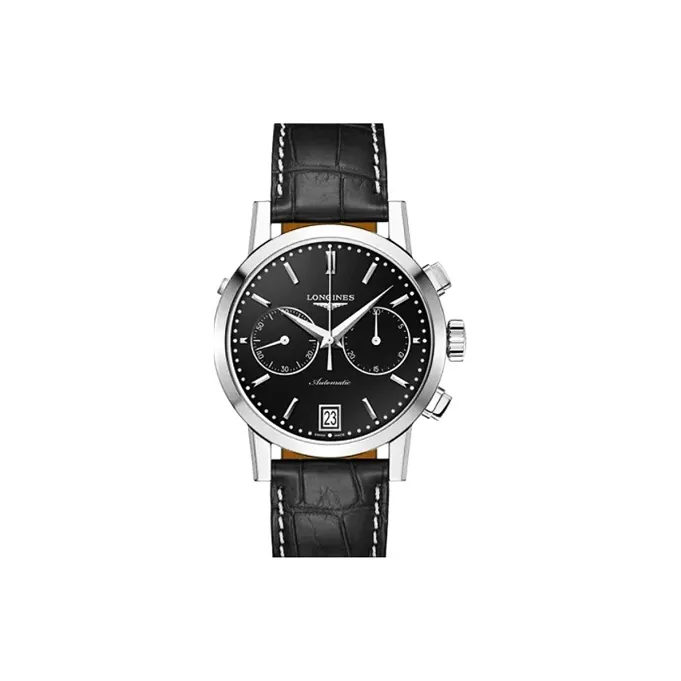 LONGINES Automatic Mechanical Movement Men's Watches Watch Black Dial Stainless Steel Case Leather Strap