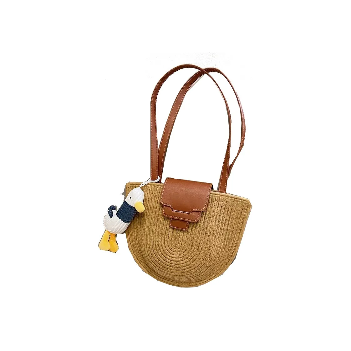 Boniu Cotton Woven Bag Semi Circle Shoulder Bag Medium Size Women's Coffee