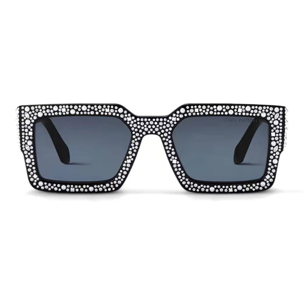LOUIS VUITTON Metal Acetate Rhinestone Glass Beads Irregular Shape Sunglasses Men's Black
