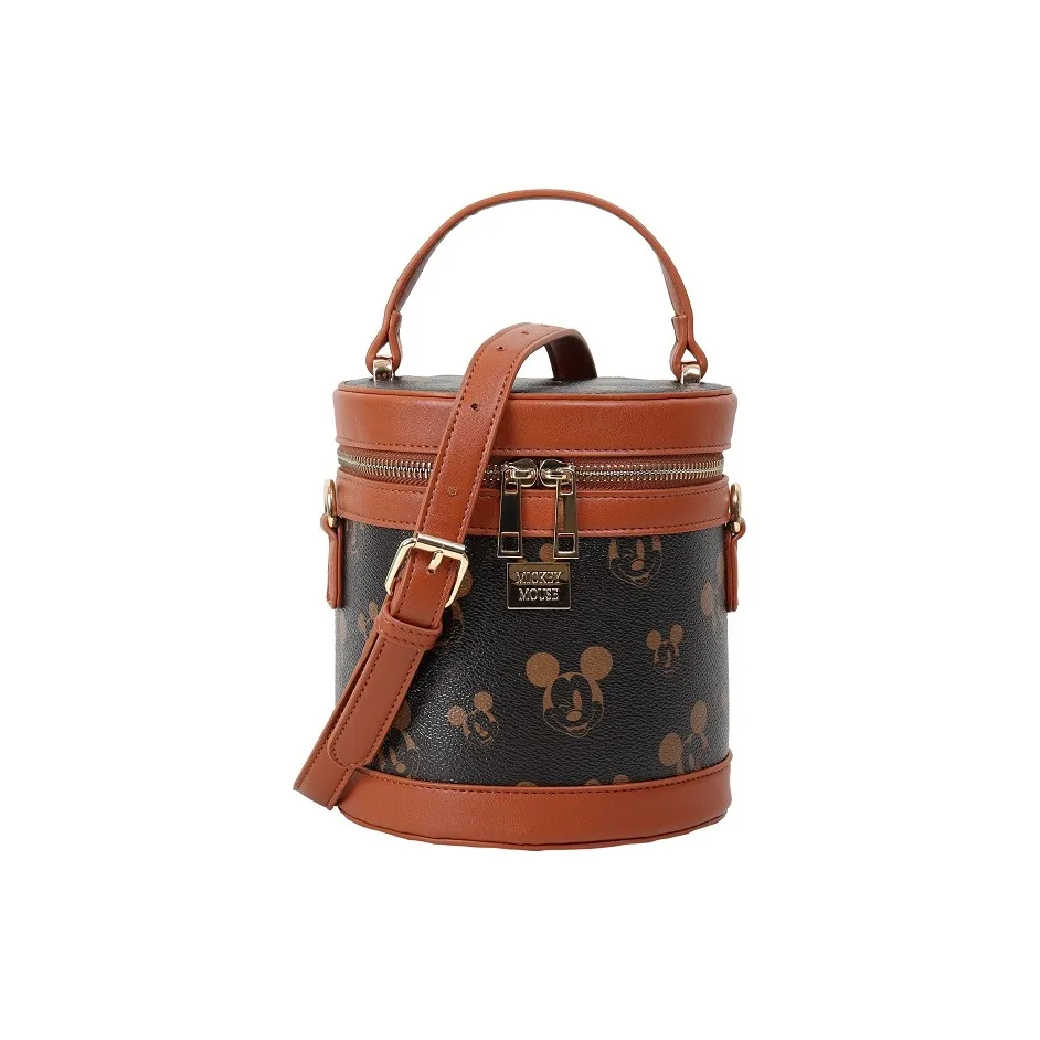 Disney Mickey Series PVC Cylinder Bag, Bucket Bag, Handbag Medium Size Women's Classic Black/Light Brown/Light Khaki