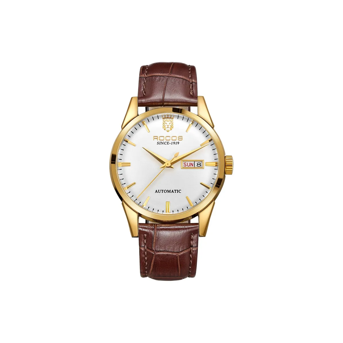 ROCOS Автоматический Механический Механизм Естественная Кожа Ремешок Часы Мужские Белый Циферблат