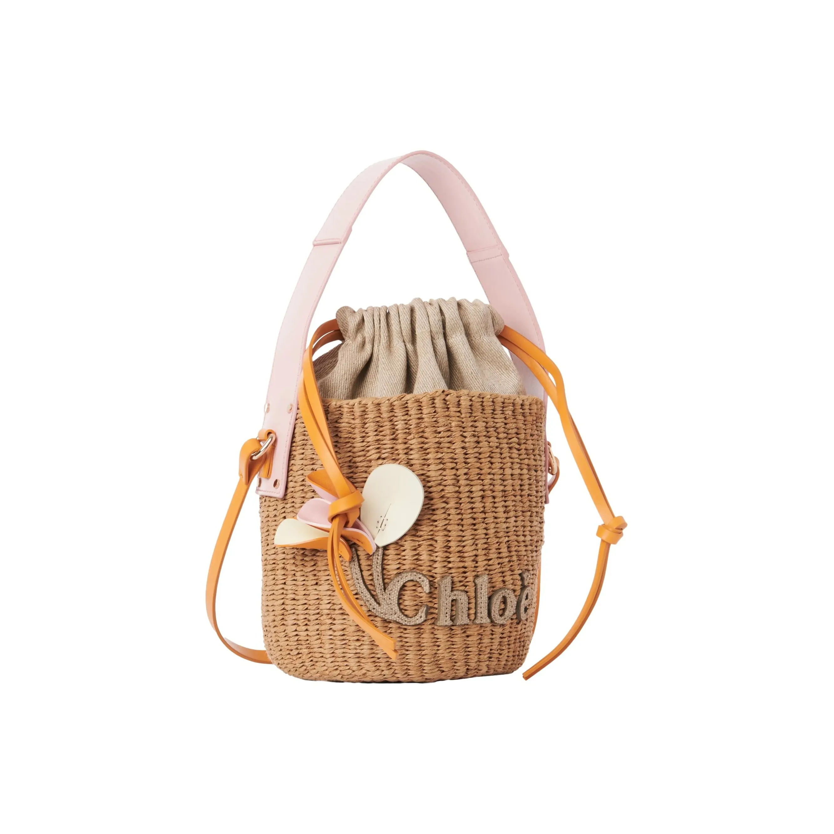 Chloe Woody Paper With Calfskin Bucket Bag, Shoulder Bag, Crossbody Bag, Handbag Trumpets Women's Light Pink Red
