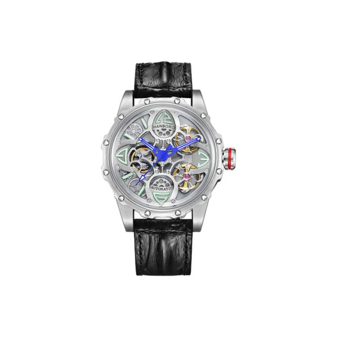 HANBORO Automatic Mechanical Movement Genuine Leather Strap Watch Men's Watches White Dial HBR8854 PBH