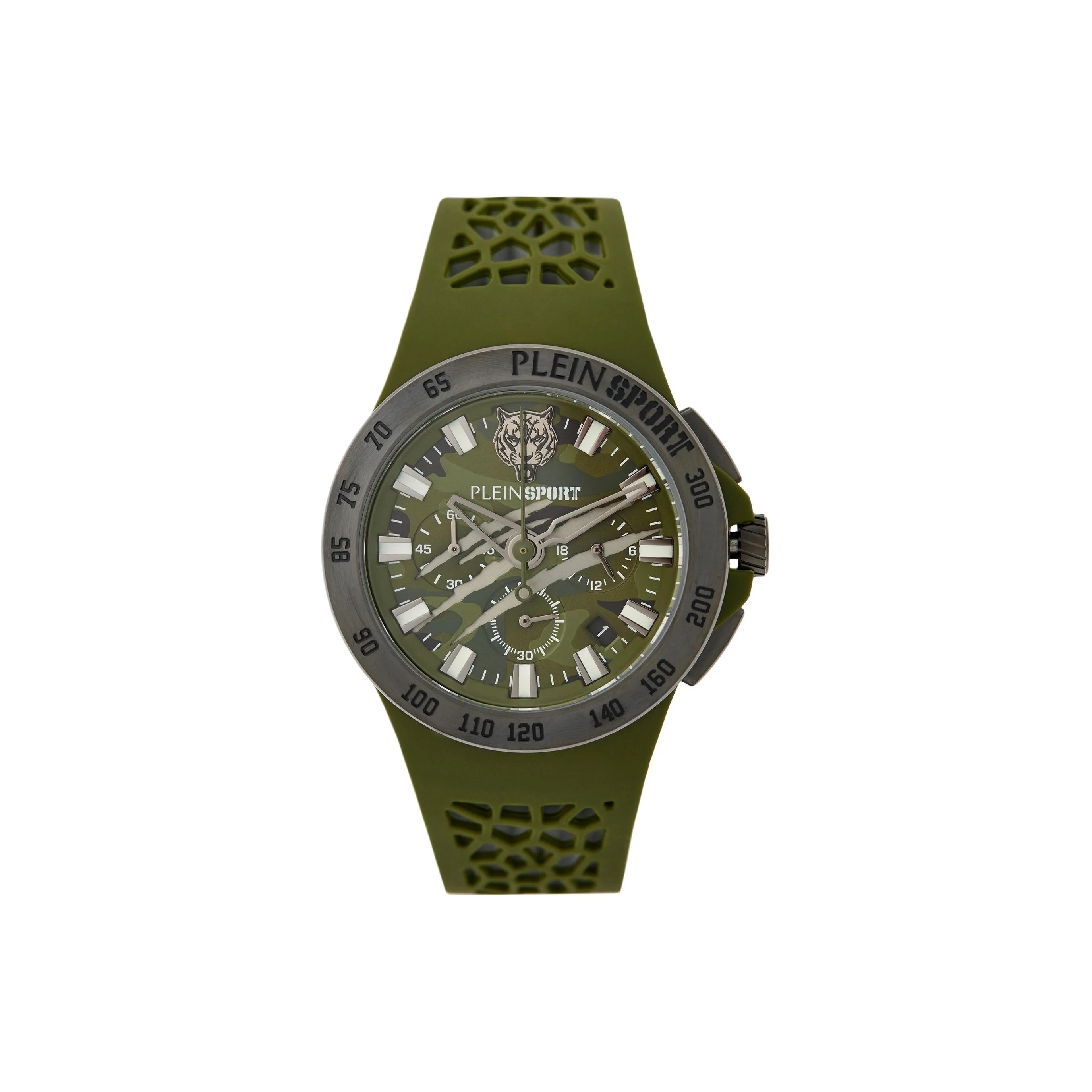 PLEIN SPORT Мужские часы Кварцевый механизм Силиконовый ремешок 43 мм Зеленый циферблат