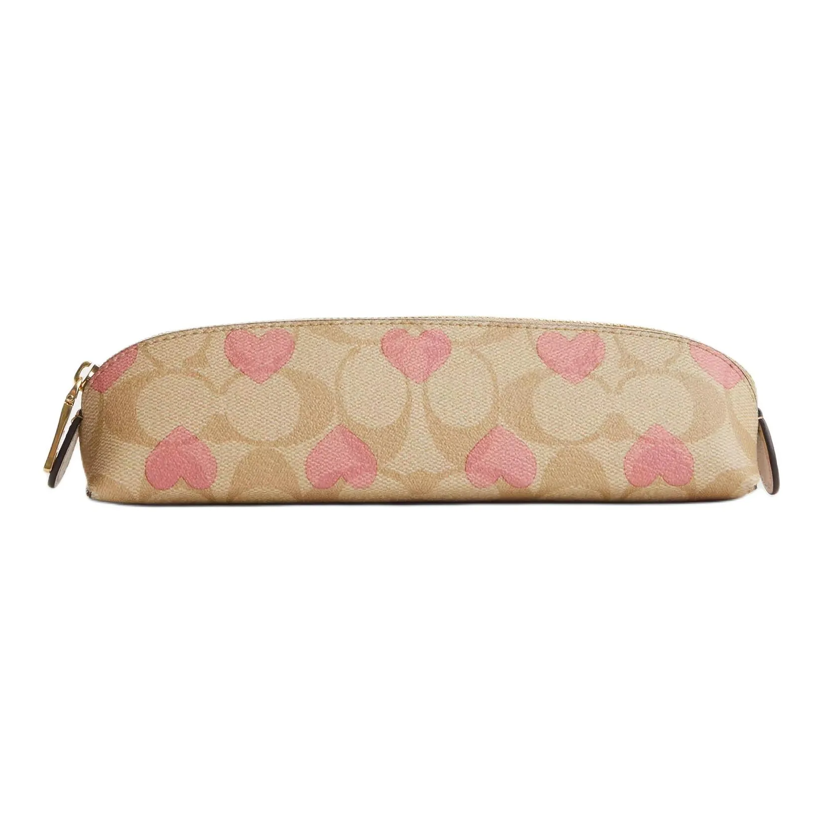COACH Pencil Case Canvas With Leather Pencil Case Storage Bag Trumpets Women's Gold & Light Khaki Pink