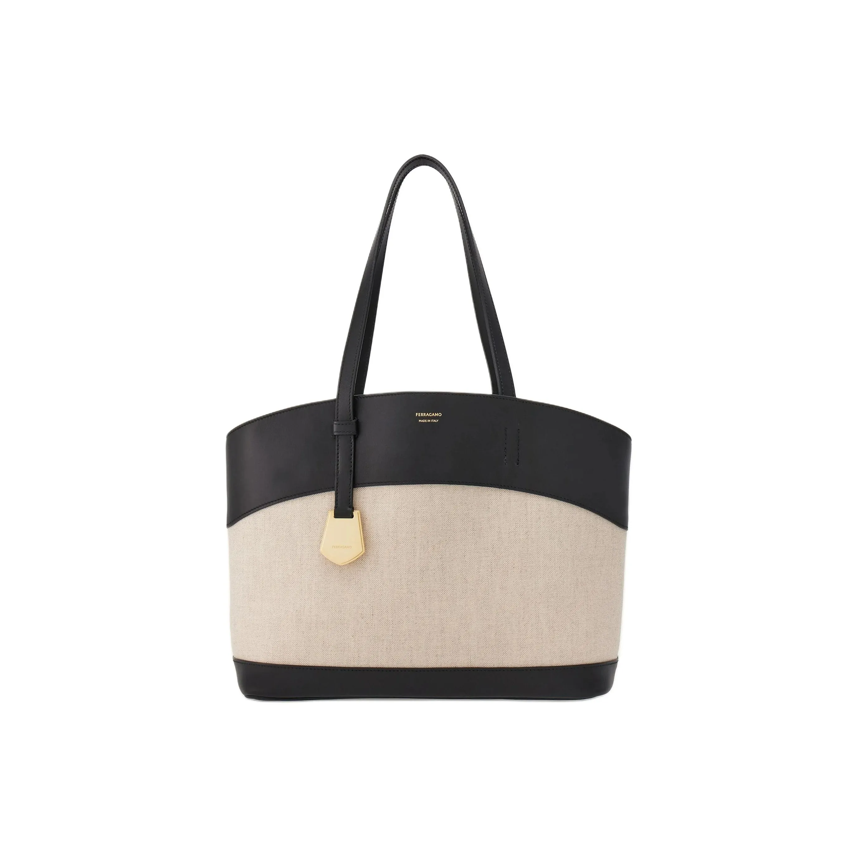 FERRAGAMO Calfskin With Canvas Tote Bag, Shopping Bag, Shoulder Bag, Handbag Trumpets Women's Black & Nude