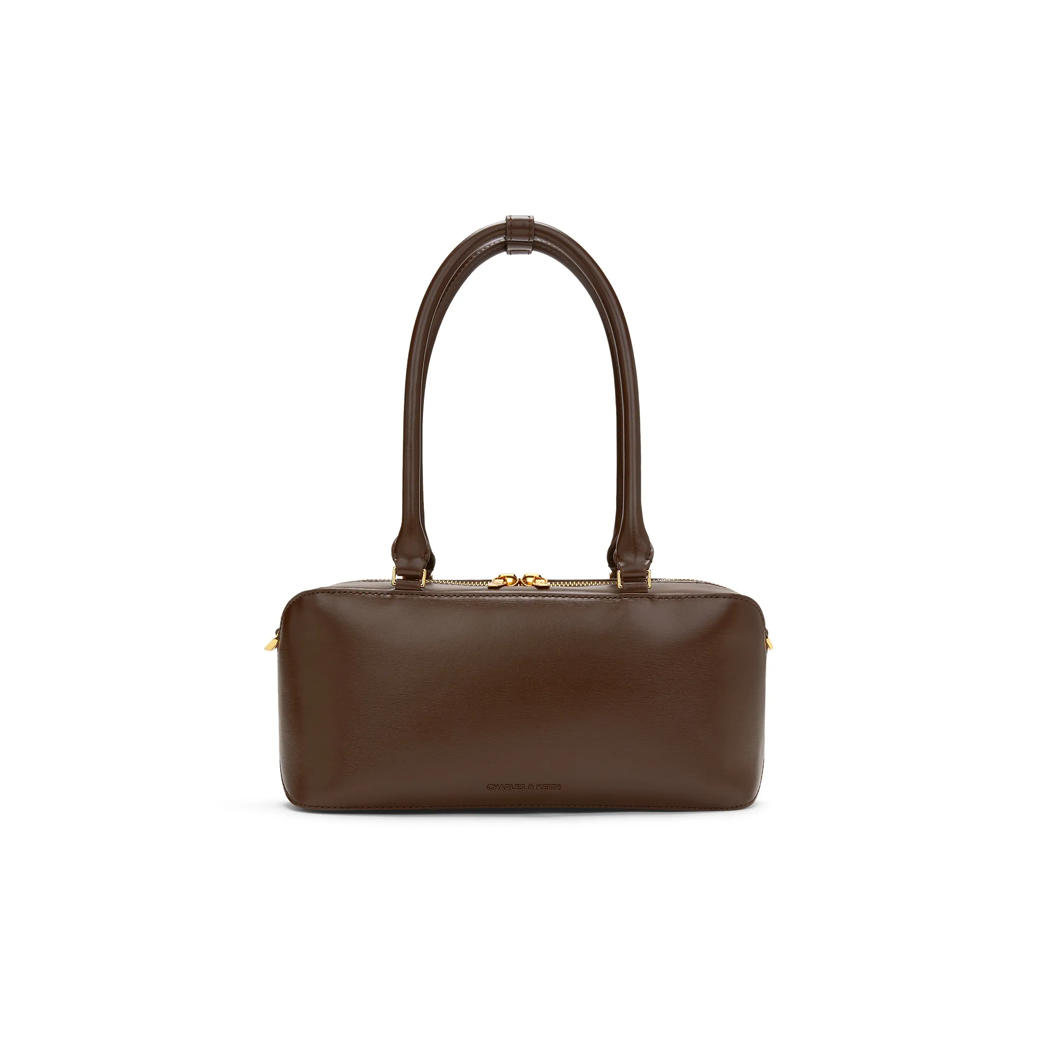 CHARLES&KEITH PU Synthetic Leather Shoulder Bag, Portable Small Square Bag Medium Size Women's Dark Brown/Oat