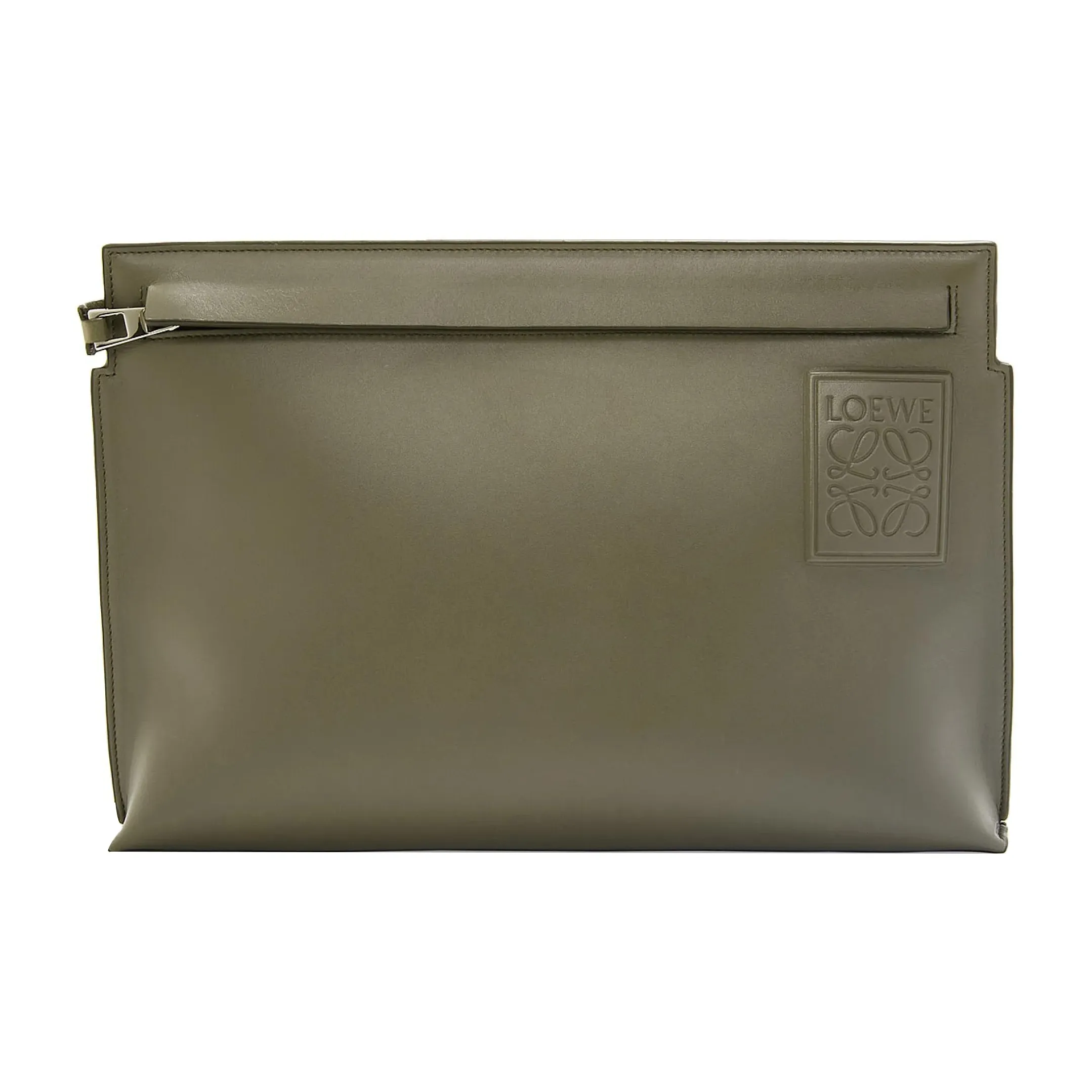 LOEWE T Pouch Bag Cow Leather Clutch Trumpets Women's Khaki Green