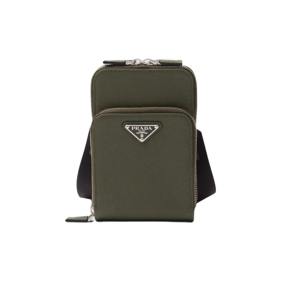 prada group Saffiano Leather One Shoulder Crossbody Cell Phone Pouch Men's Green