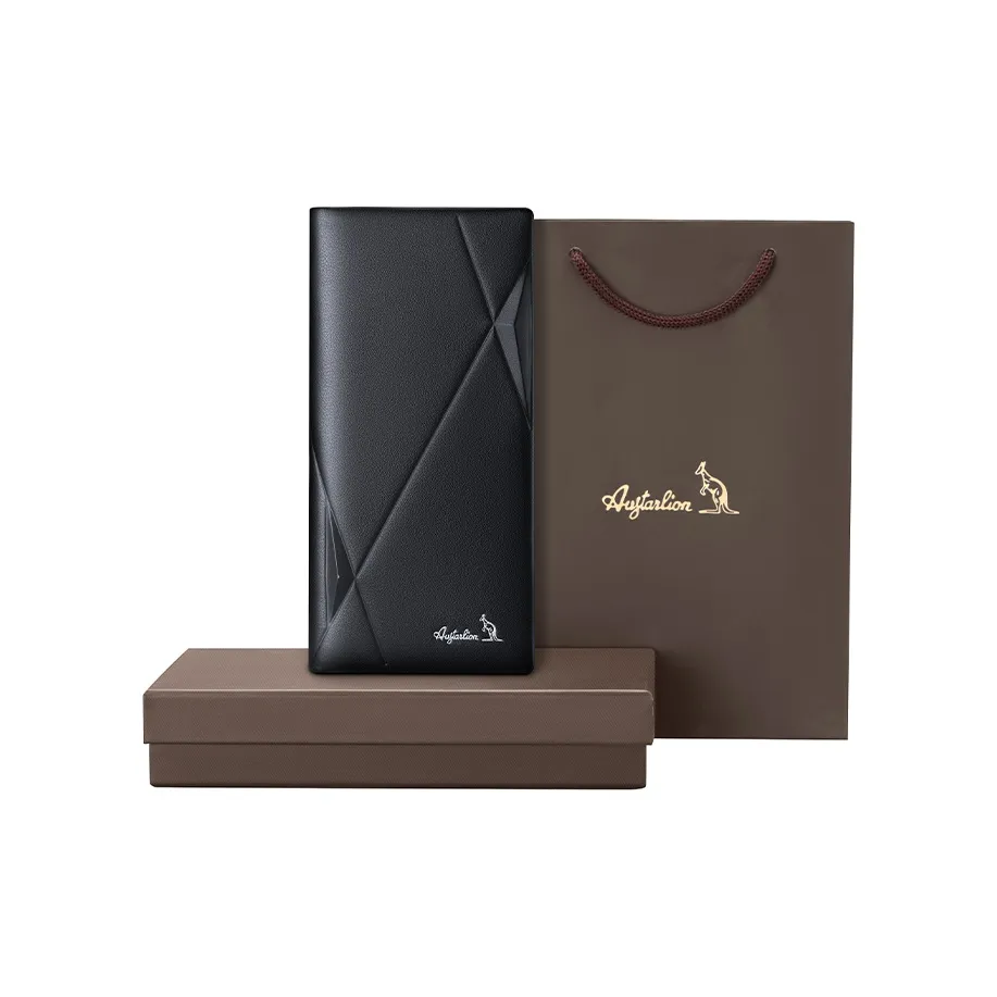 AUGTARLION Top Grain Cow Leather With Multiple Card Slots Technology Sensation 3D Effect Line Design Wallet Men's Black