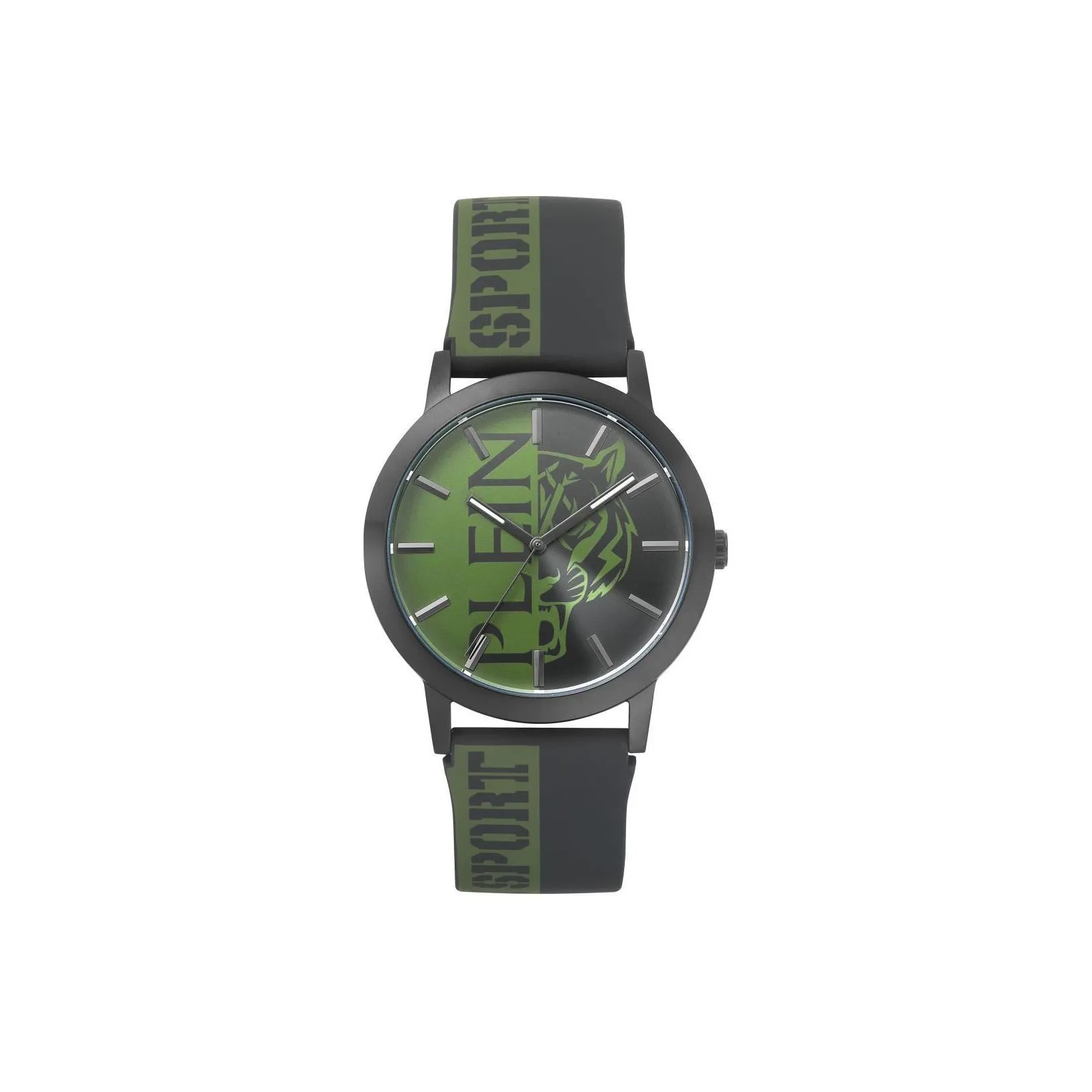 PLEIN SPORT Мужские часы Кварцевый механизм Силиконовый ремешок 44 мм Зеленый циферблат