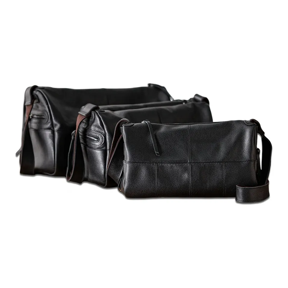 Back Step Top Grain Cow Leather One Shoulder Crossbody Travel Bag Medium Size Unisex Black