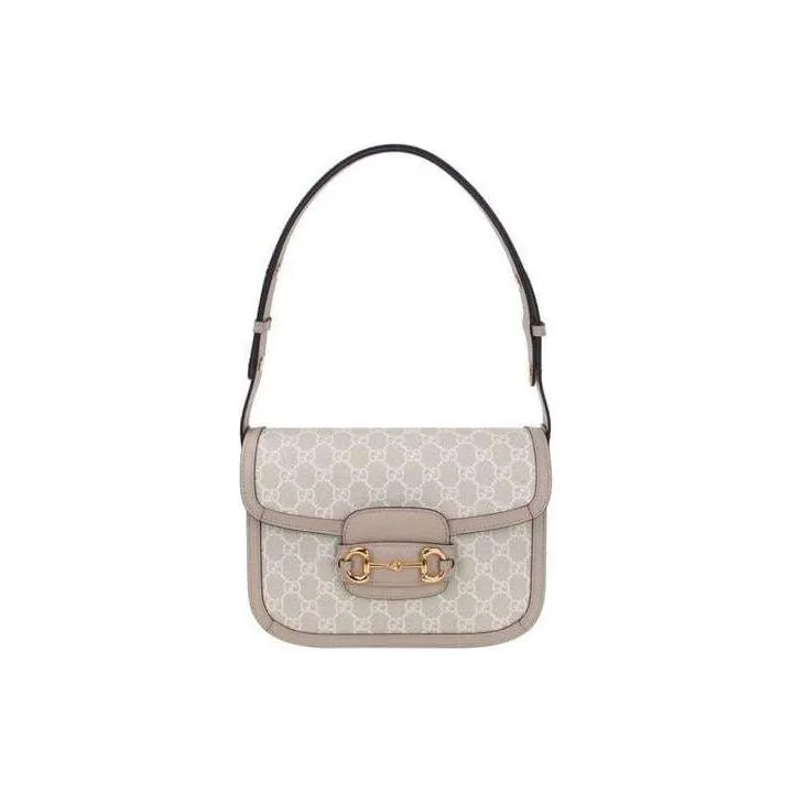 GUCCI Horsebit 1955 Canvas With Leather Saddle Bag Handbag, Shoulder Bag, Crossbody Bag Trumpets Unisex Beige & White