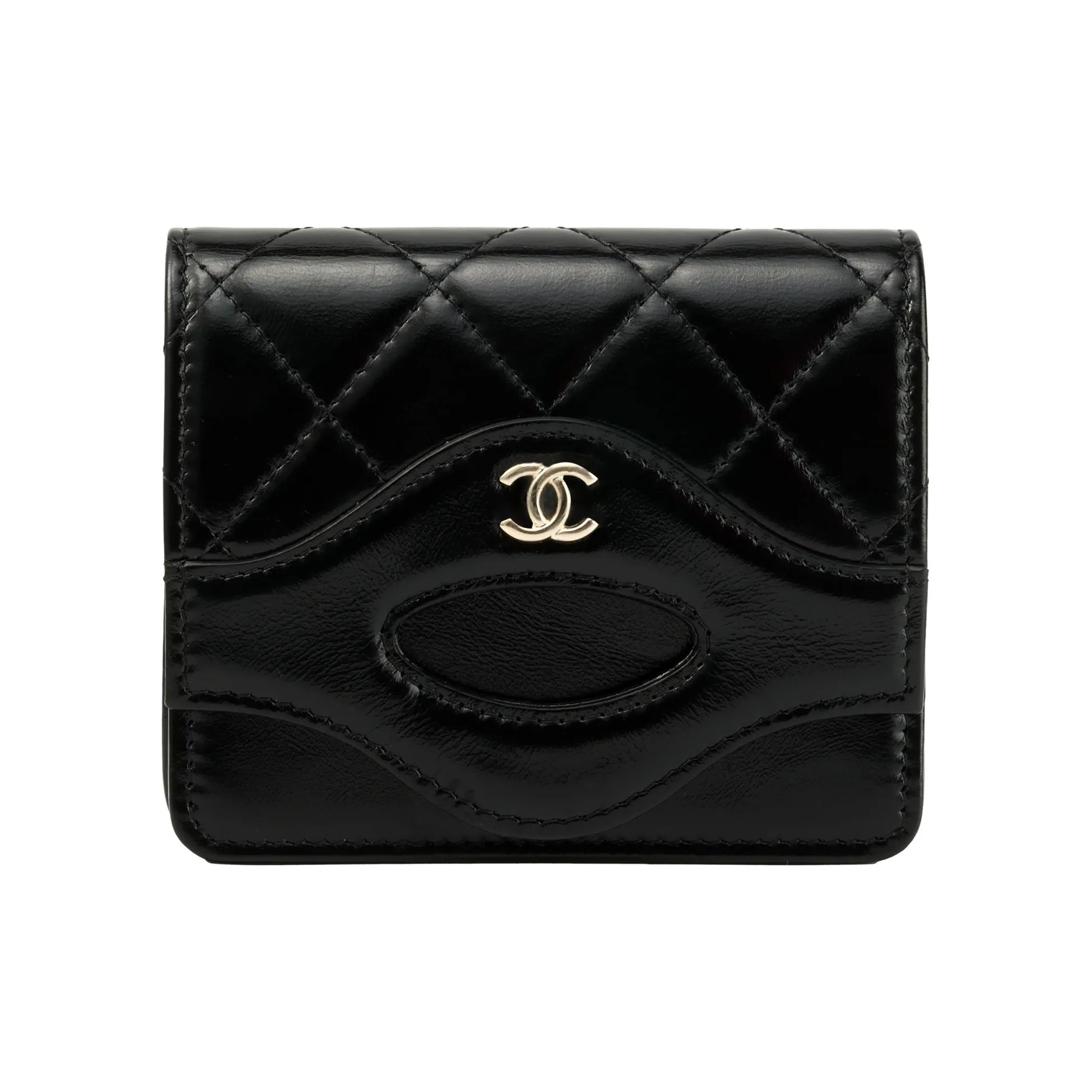 CHANEL Shiny Calfskin Coin Purse, Card Holder Women's Black