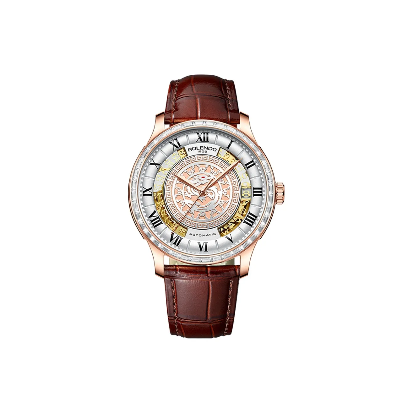 ROLENDO R Automatic Mechanical Movement Genuine Leather Strap Watch Men's Watches White Dial RG7065