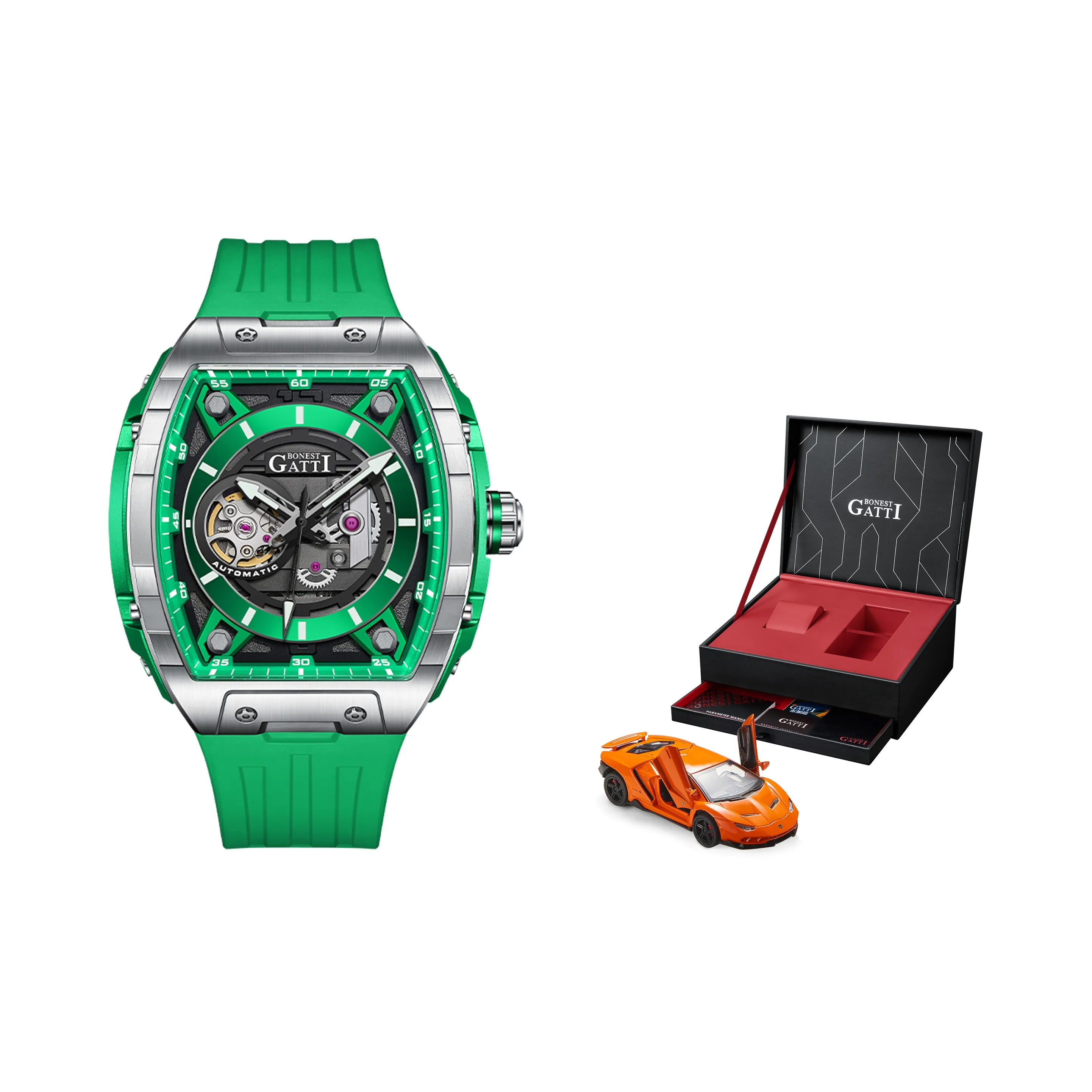 Бугатти Автоматический Механический Часы Мужские Phantom Time 39мм*36мм*14мм Зеленые