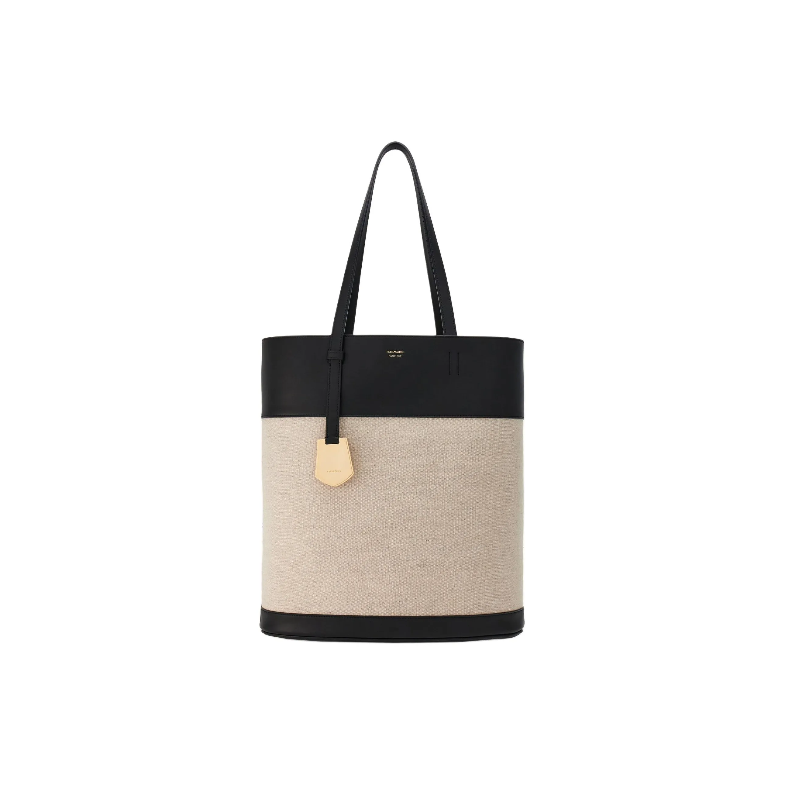 FERRAGAMO Calfskin With Canvas Tote Bag, Shopping Bag, Shoulder Bag, Handbag Medium Size Women's Black & Nude