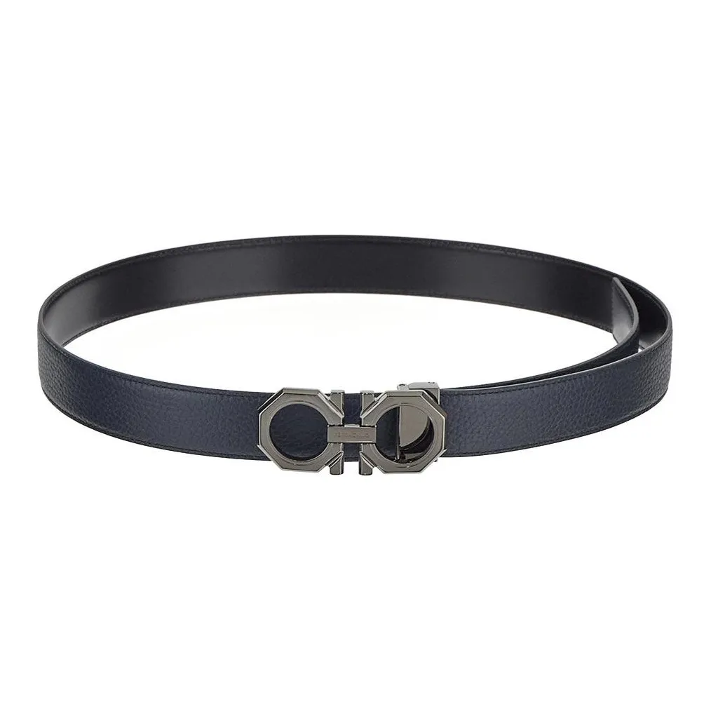 FERRAGAMO Solid Color Decoration Smooth Buckle Leather Belts Men's Black+Blue
