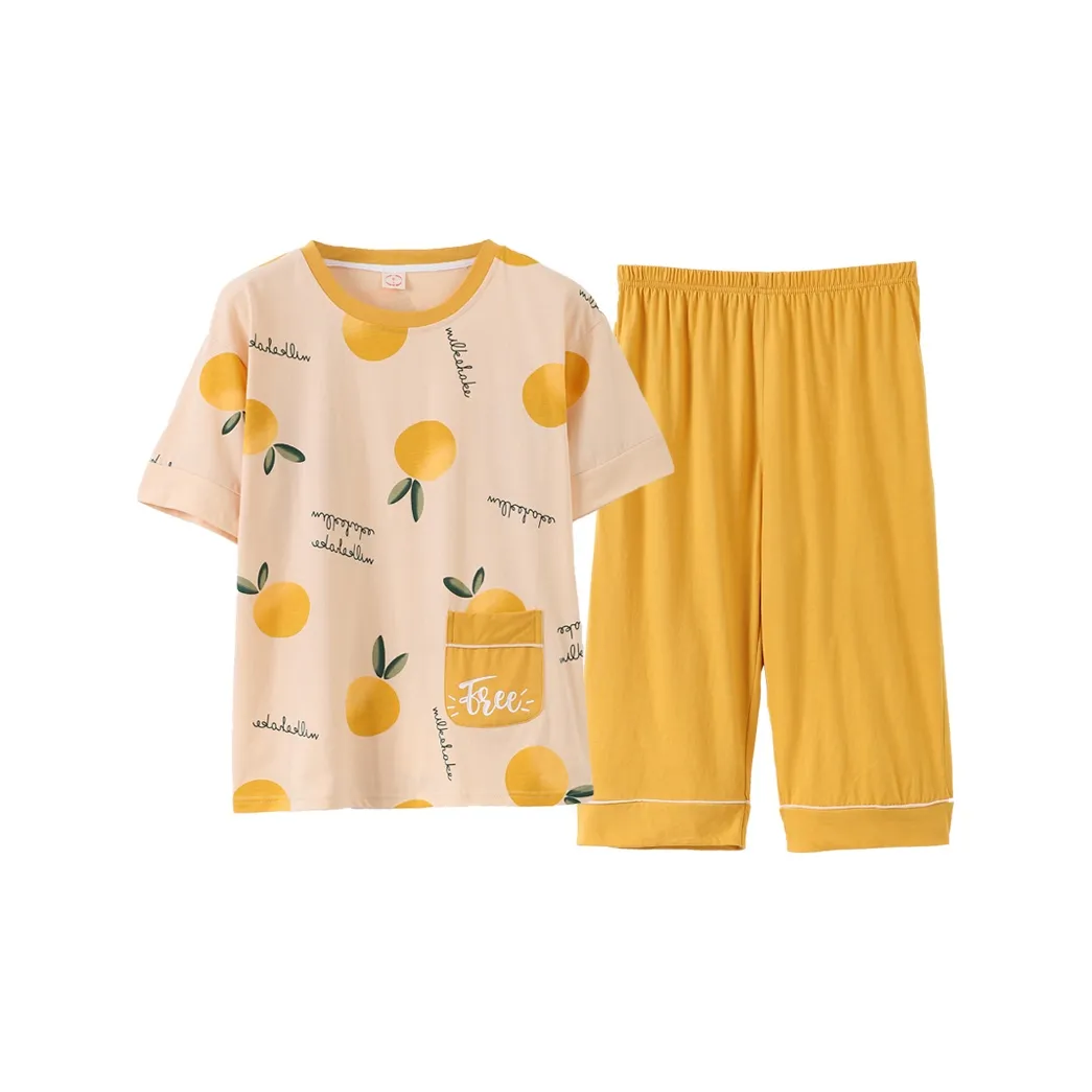 Mulong Family Women's Summer Short-Sleeved Cotton Pajama With Capri Pants Outerwear-Ready Loungewear Set Apricot Yellow