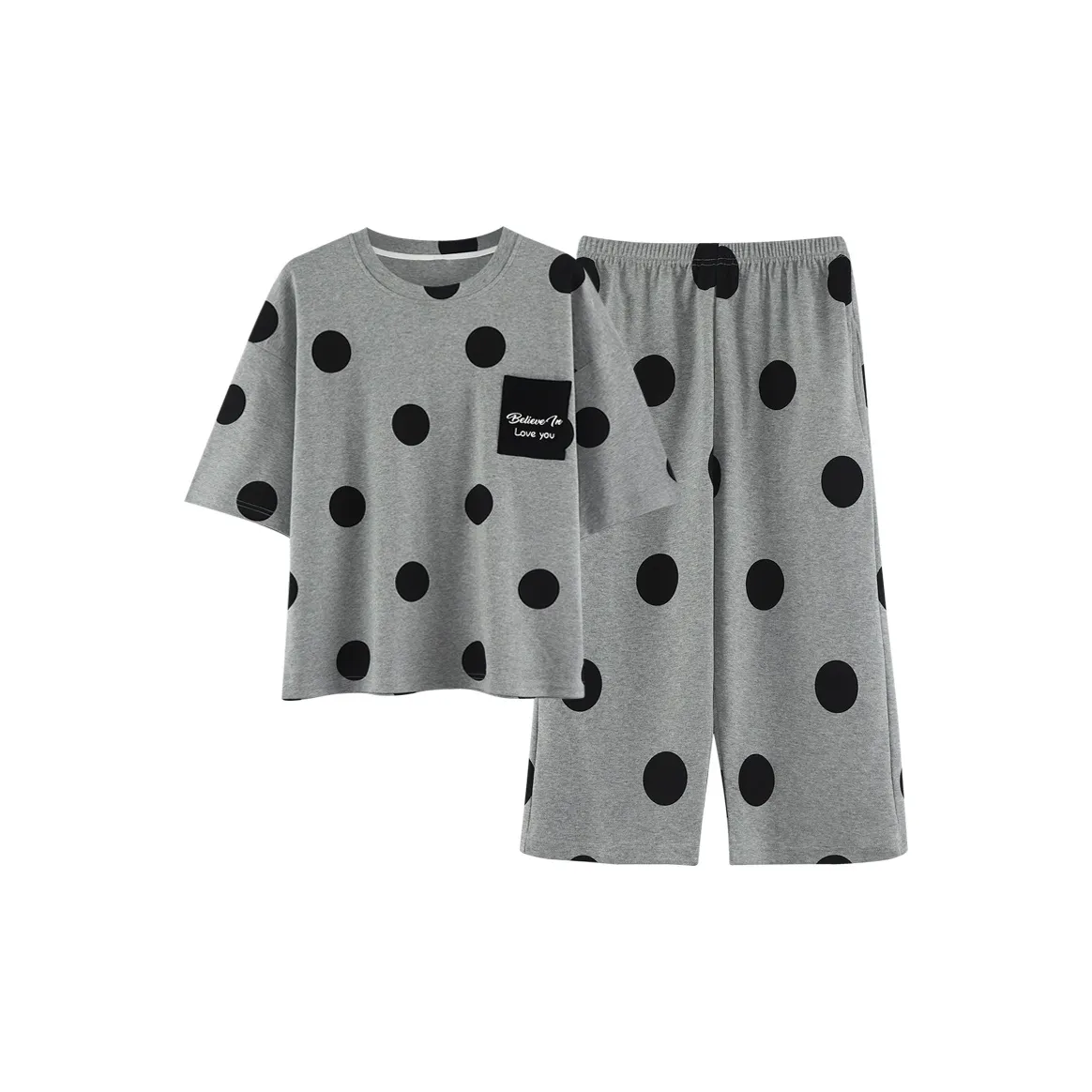The Story Of The Flower Season Short-Sleeved Capri Pants Women's Summer Thin 100% Cotton Loungewear Set Women's Gray