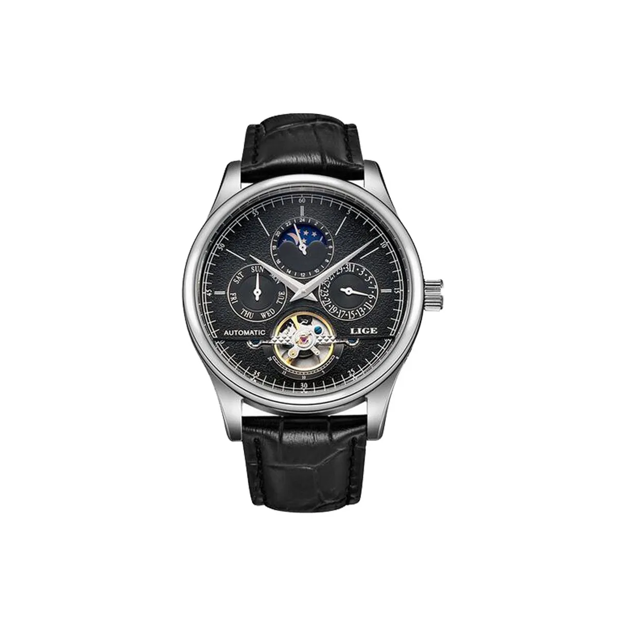LIGE Automatic Mechanical Movement Leather Strap Watch Men's Watches Black Dial LG6826