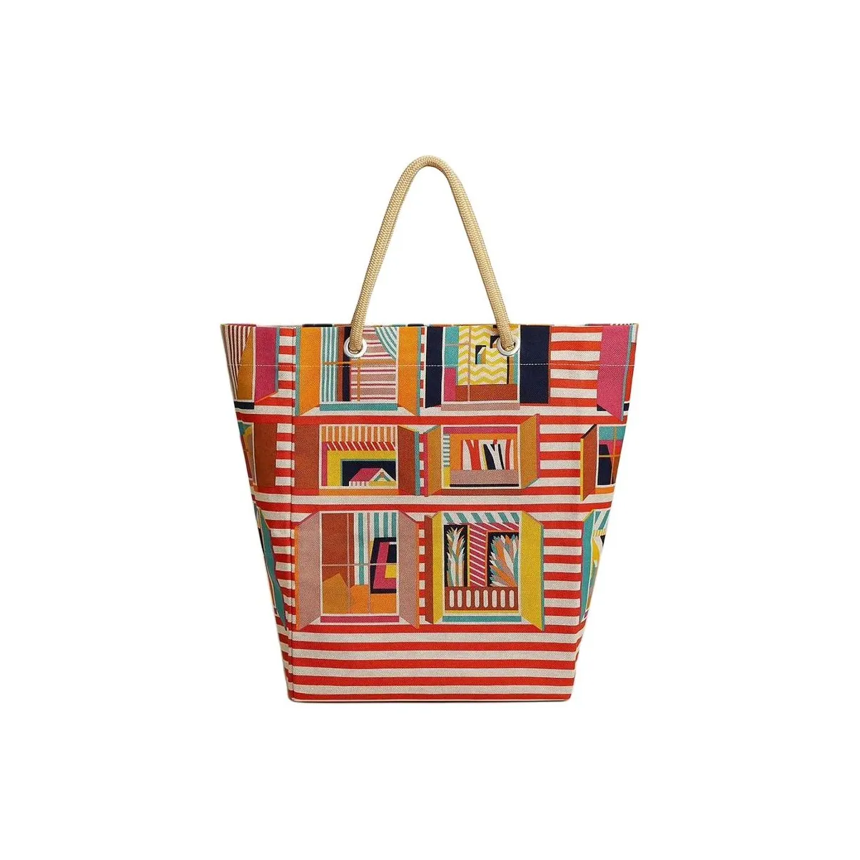 HERMES From My Window Canvas Beach Bag Handbag Women's Orange & Multicolor