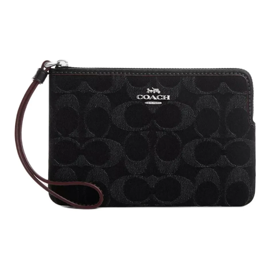 COACH Corner Zip Iconic Denim Smooth Leather Clutch Mini Women's Silver & Black