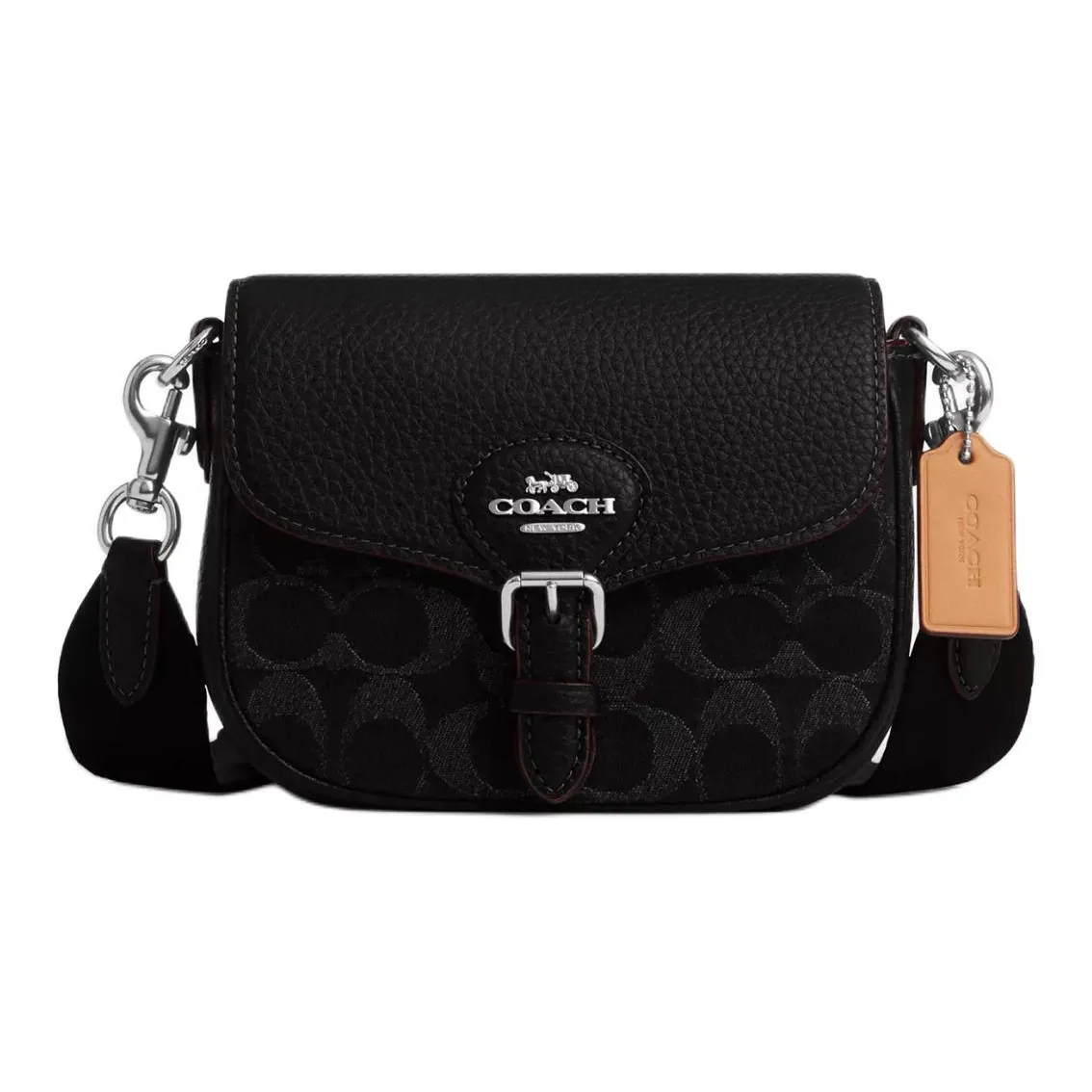 COACH Amelia Denim With Soft Stone Grain Leather Saddle Bag Shoulder Bag Crossbody Bag Small Size Women's Black Silver