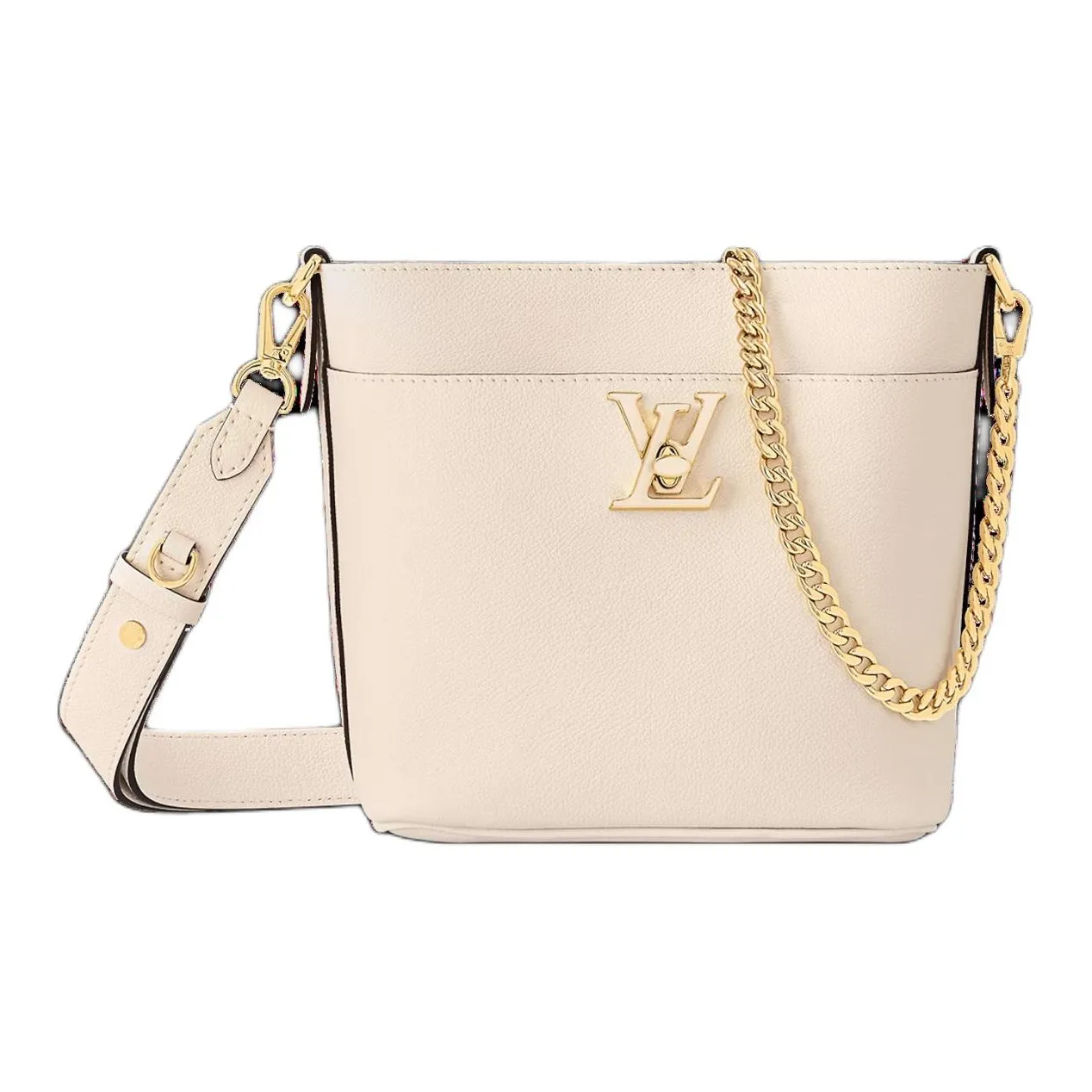 LOUIS VUITTON LOCK AND WALK Grain Calfskin Bucket Bag, Shoulder Bag, Crossbody Bag Women's Quartz White