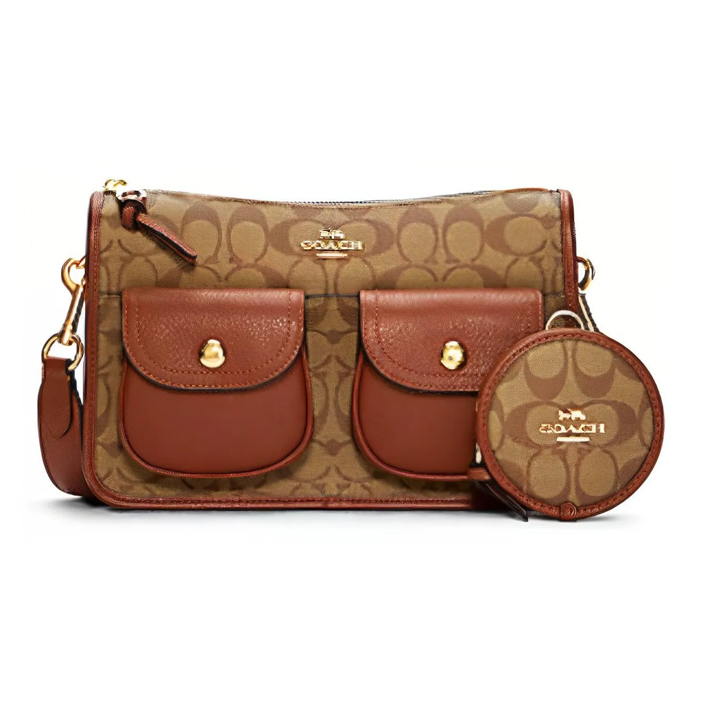 COACH Pennie Холщовая кожа Байкер Сумка 3 в 1 Сумка через плечо Сумка Большая Женская Коричневая