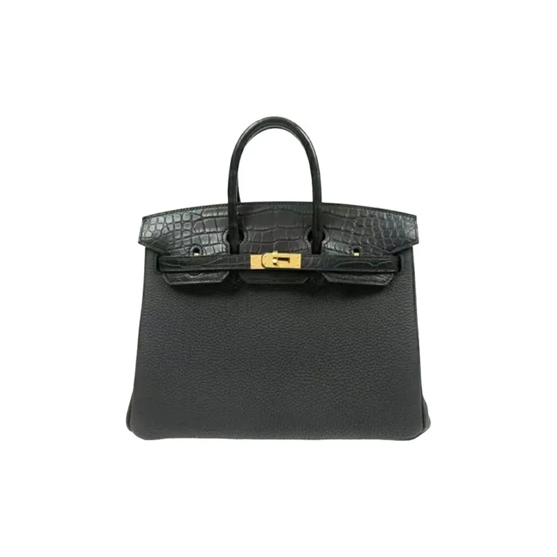 HERMES Birkin Matte Crocodile Leather With Togo Calfskin Birkin Bag Handbag 25 Women's Black