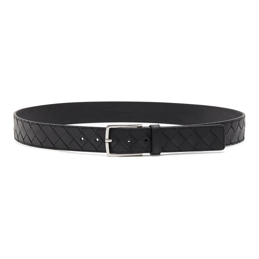 Bottega Veneta Solid Color Woven Decoration Leather Belts Men's Black Width  3.5cm