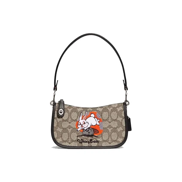 COACH Baymax Rabbit Collaboration Swinger Cow Leather Fabric Shoulder Bag Women's Khaki Black COACH Бэймакс Кролик Коллаборация Swinger Корова Кожа Ткань Сумка на плечо Женская Хаки и Черный