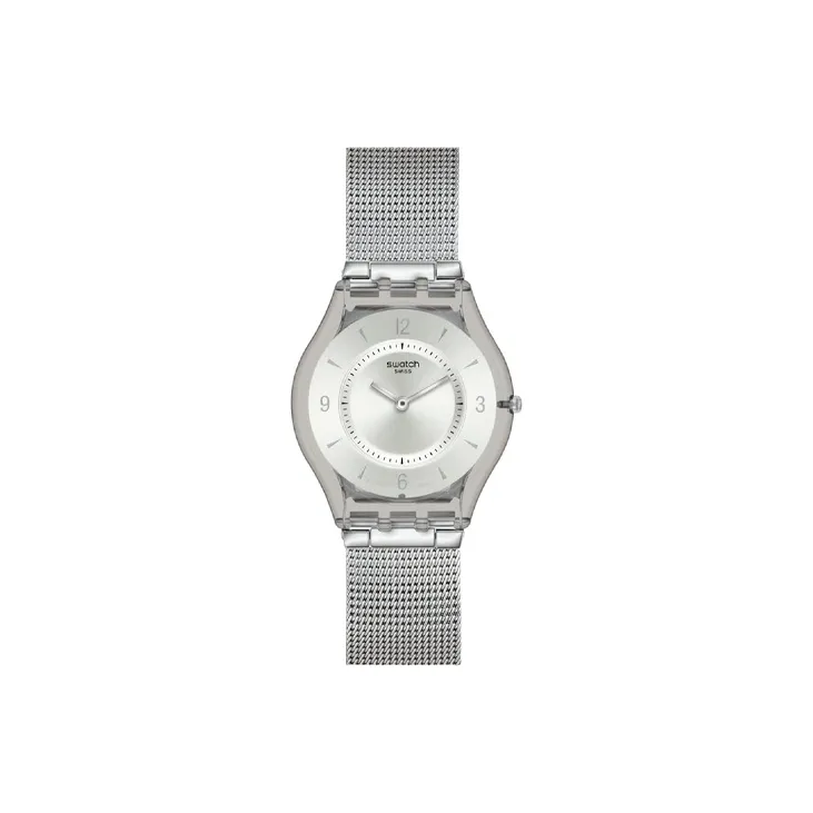 Swatch Quartz Механизм Унисекс Часы 34 мм Серебристый Циферблат Пластиковый Корпус Часы Нержавеющая Стальная Ремешок