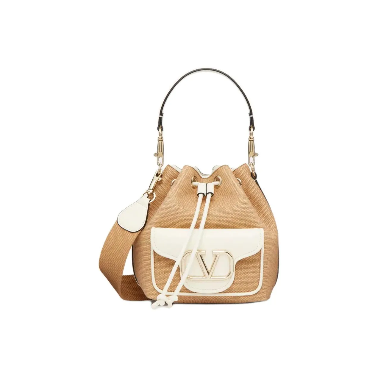 Valentino Locò Raffia Bucket Bags Shoulder Bag Crossbody Bag Handbag Women's Natural Laminated Ivory