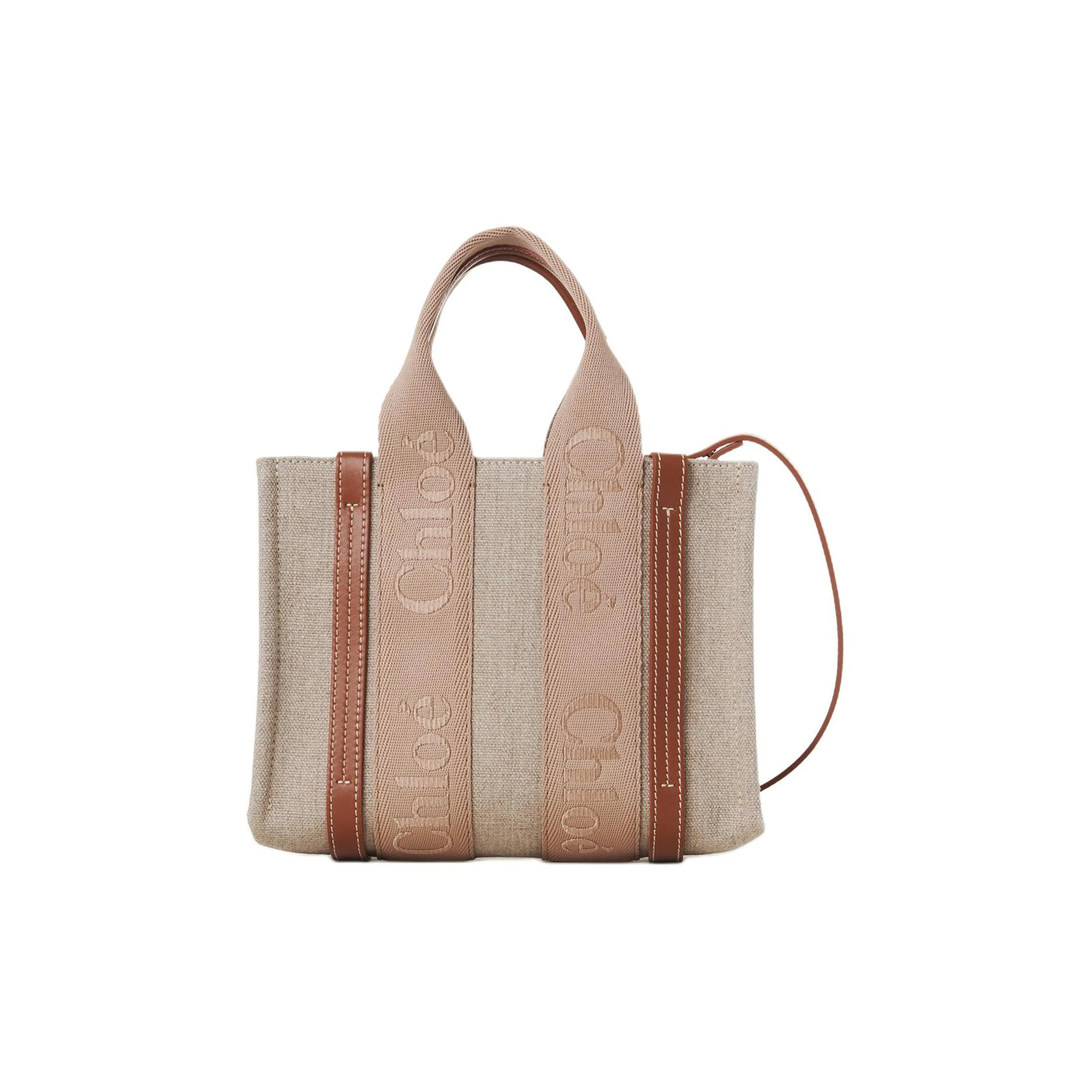 Chloe Woody Linen With Glossy Calfskin Shoulder Bag Crossbody Bag Handbag Small Size Women's Light Umber