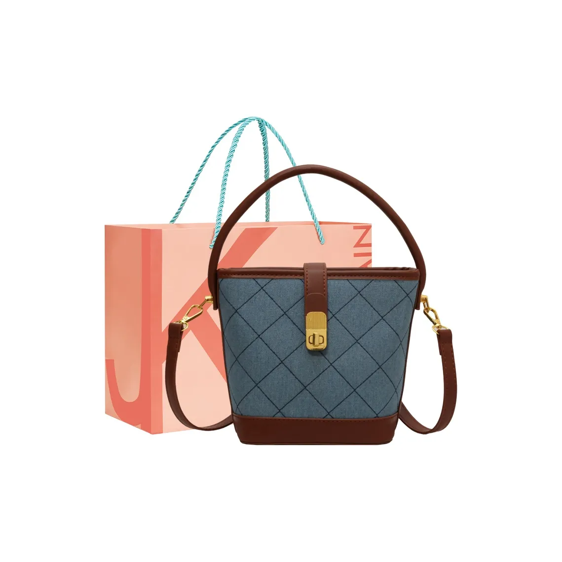 JANE KLAIN Деним Сумка-ведро Сумка через плечо Сумка среднего размера Женская Хаки-синий Клетка Коричневый