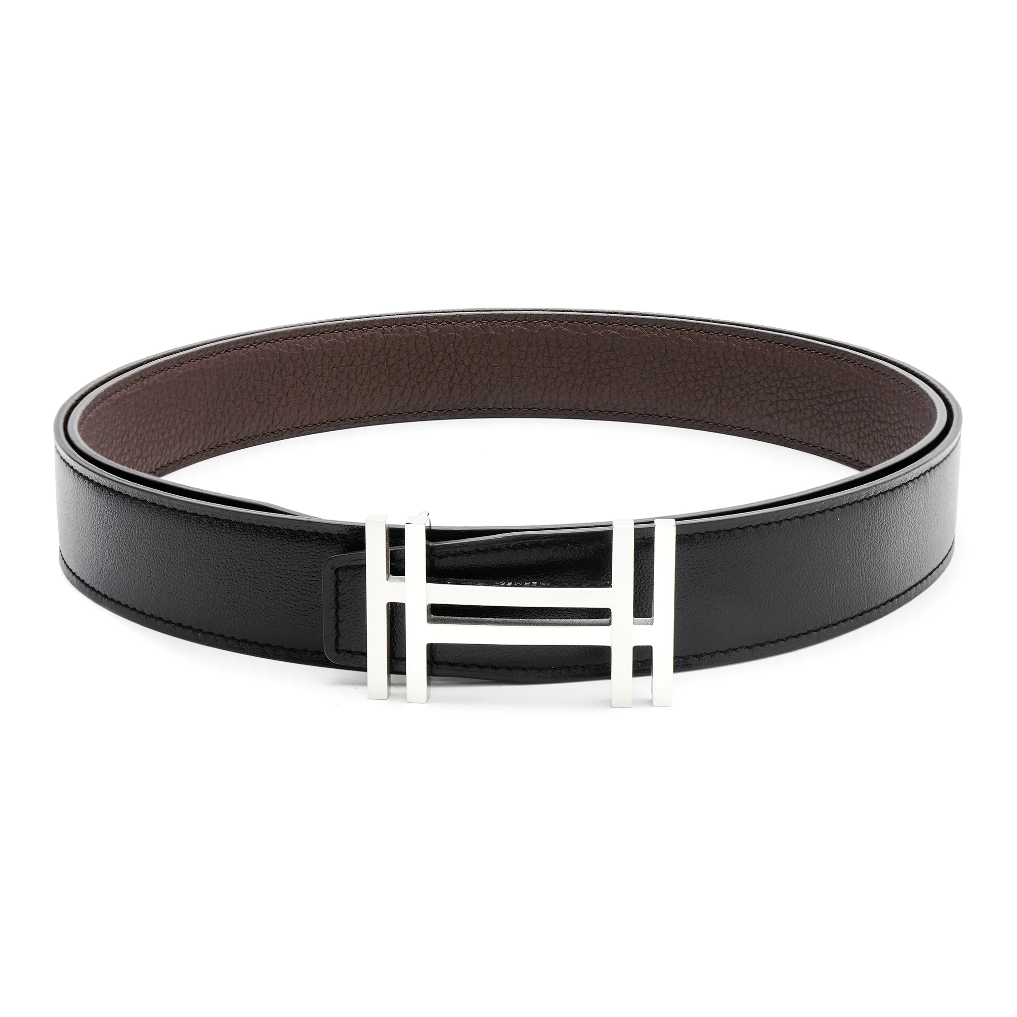 HERMES Cow Leather Leather Belts Unisex Chocolate/Black Width: 3.2cm