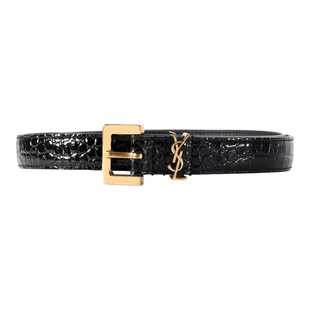 SAINT LAURENT Logo Plaque Square Buckled Embossed Belt