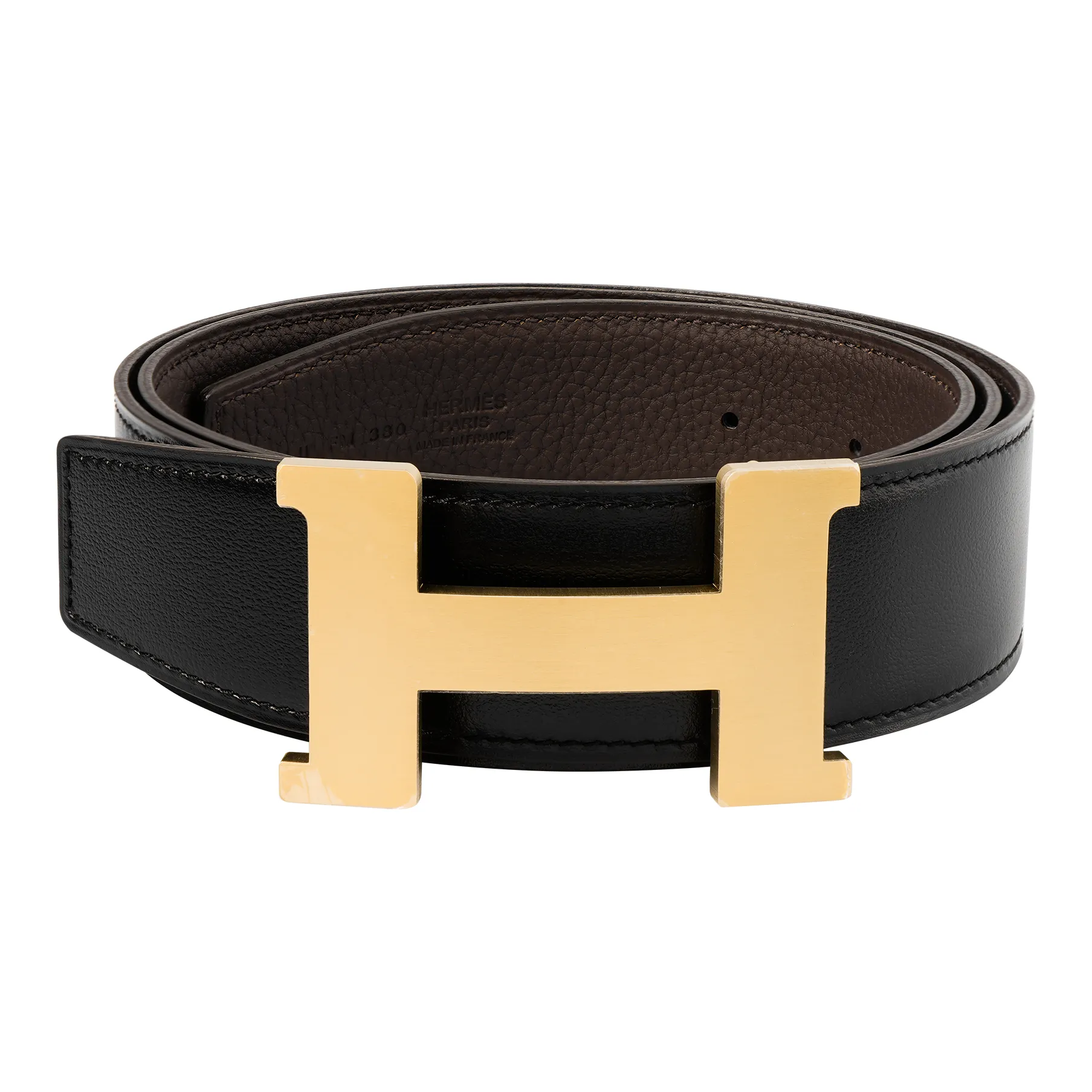 HERMES H Logo Matte Light Gold Buckle Togo Calfskin Double-Sided Leather Belt Unisex Black/Chocolate Width: 3.8cm