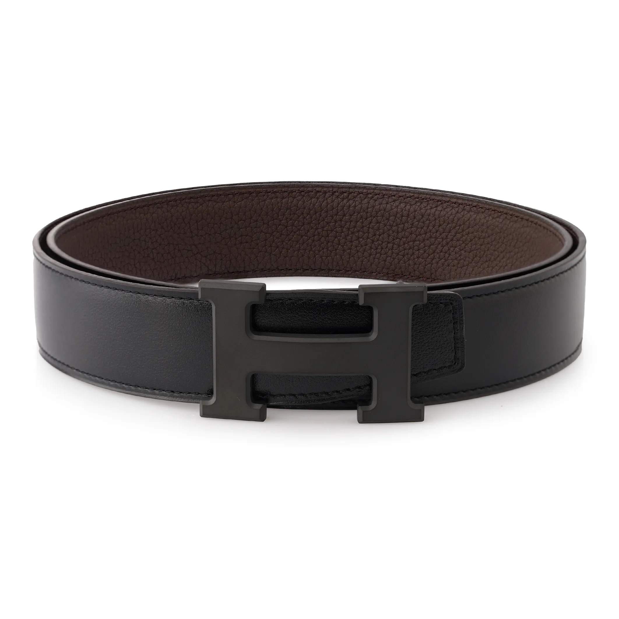 HERMES Togo Calfskin Belt Men's Chocolate/Black Width 3.2cm